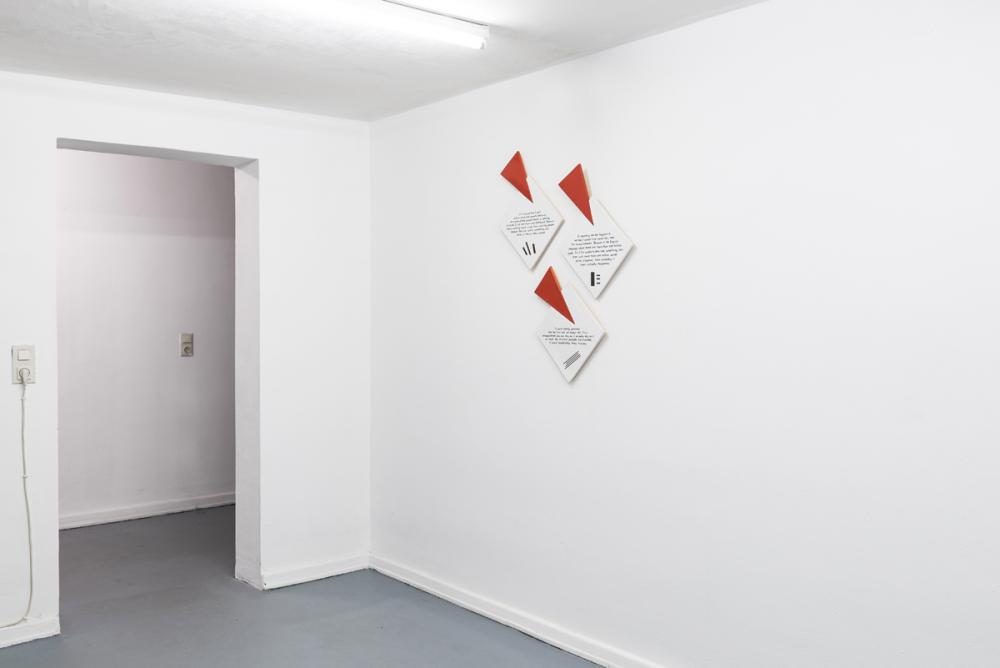 Installation view: Rumors of Glory, Feiko Beckers, repairing a white tile with a red wedge (2017), basis 2017, photo: Frithjof Kjer