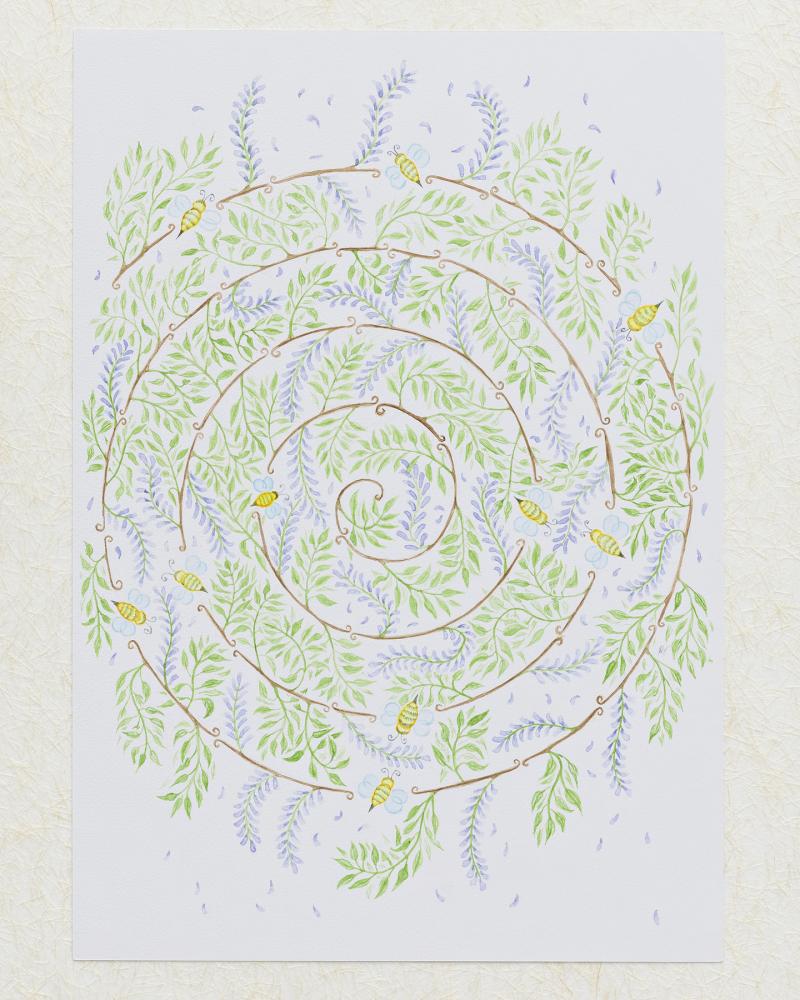 Ivan Murzin, Flowers — dashes, leaves are dots, bees are flying between words, 2024 Watercolor paper, Japanese handmade paper, Watercolor, Frame, Museum glass, 41 x 51 cm (framed)