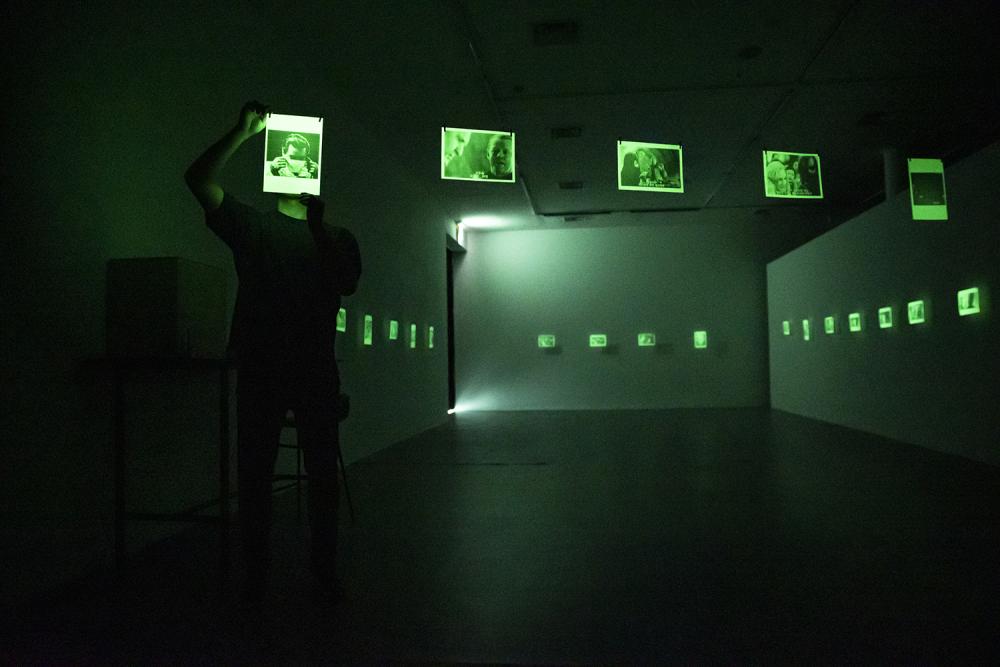 Kwantaeck Park, Outdated Future, 2020, variable installation/performance (phosphorescent paper, light-exposure device, binder clip, string, OHP film), photo: Creative Space